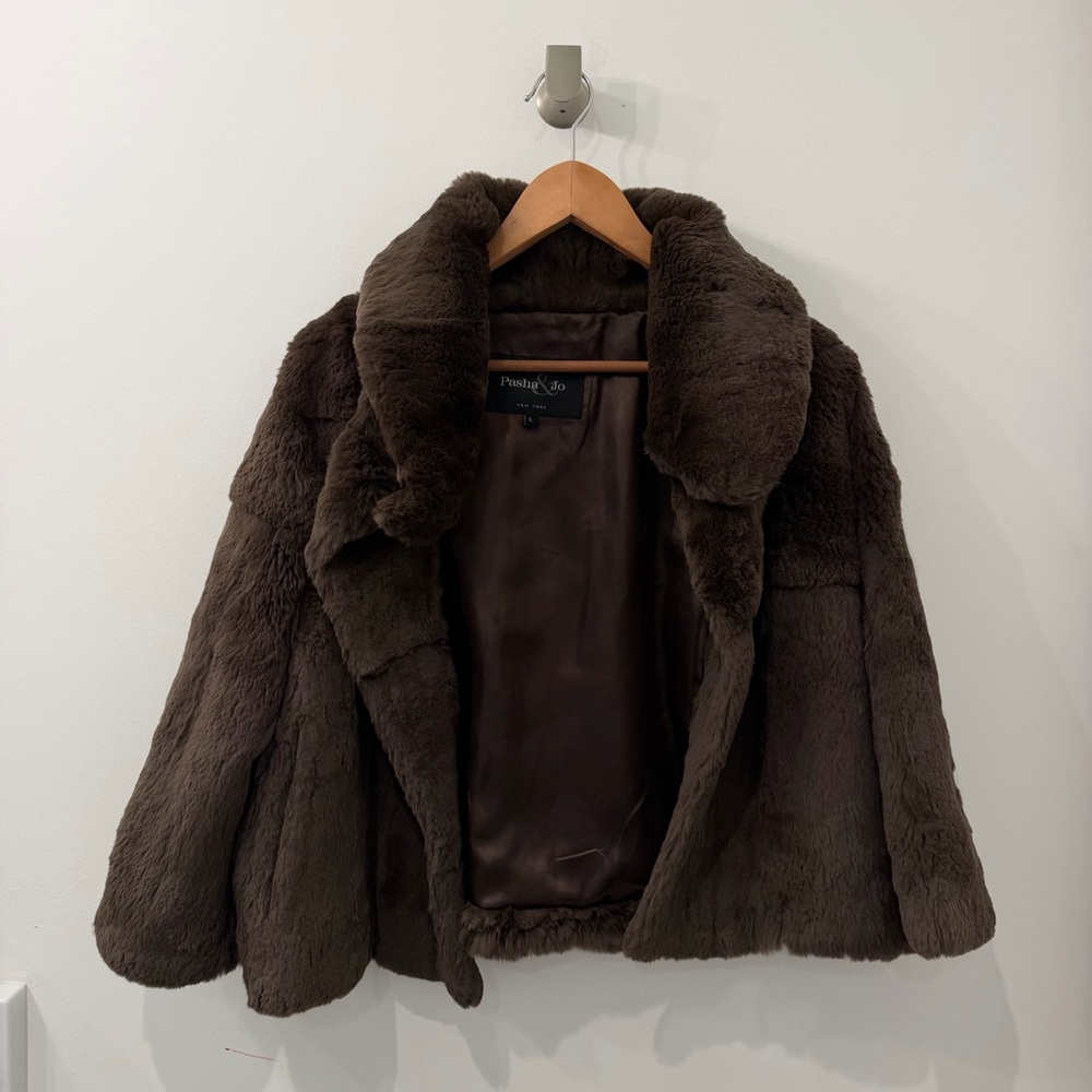NEW Pasha & Jo New York Chocolate Brown Genuine Rabbit Fur Coat, Size L